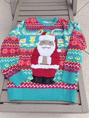 Tropical Coastal Santa Crewneck Holiday Drinks Fair Isle Christmas Sweater M